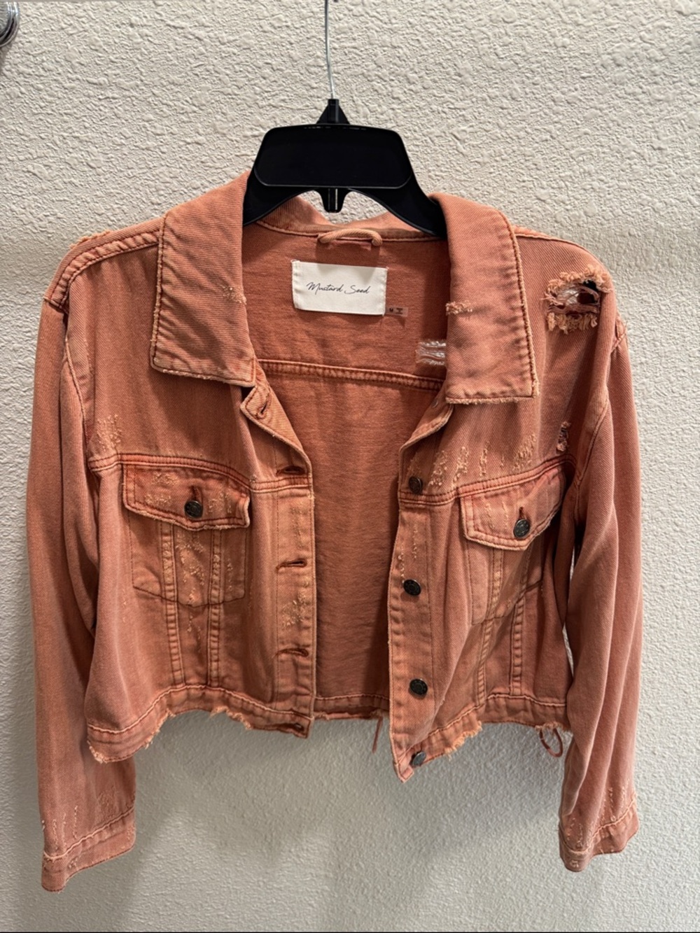 Mustard Seed Cropped Distressed Jean Jacket - Rusty Orange